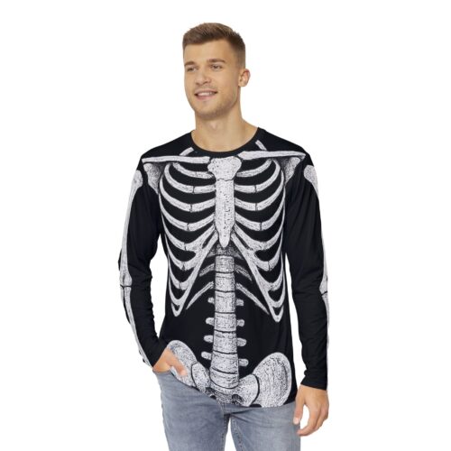 Men's Skeleton Print Long Sleeve Shirt, Halloween Top, Casual Wear, Spooky Theme Shirt, Unique Graphic Tee, Unisex Shirt - Image 3