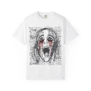 screaming emotion halloween t-shirt, gothic wednesday addams tee, spooky addams family horror shirt.