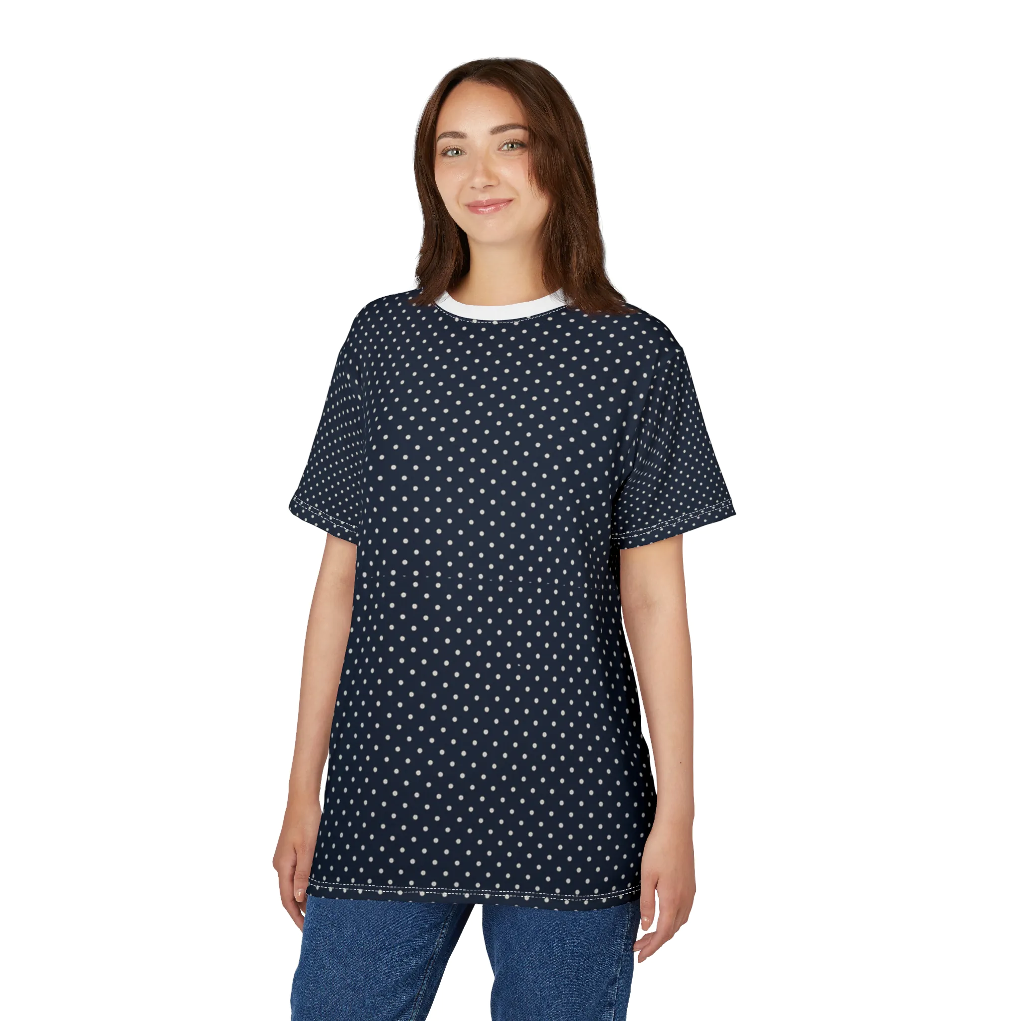Navy Polka Dot Unisex Tee, Casual Wear, Everyday Clothing, Gift for Him/Her, Trendy Fashion, Summer Wardrobe Essential - Image 5