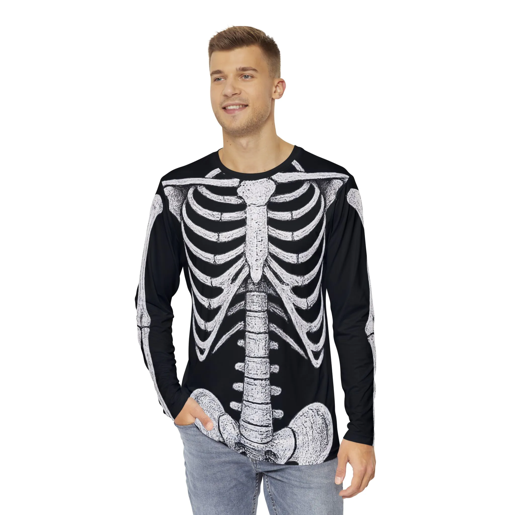 Men's Skeleton Print Long Sleeve Shirt, Halloween Top, Casual Wear, Spooky Theme Shirt, Unique Graphic Tee, Unisex Shirt - Image 3