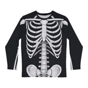 Men's Skeleton Print Long Sleeve Shirt, Halloween Top, Casual Wear, Spooky Theme Shirt, Unique Graphic Tee, Unisex Shirt