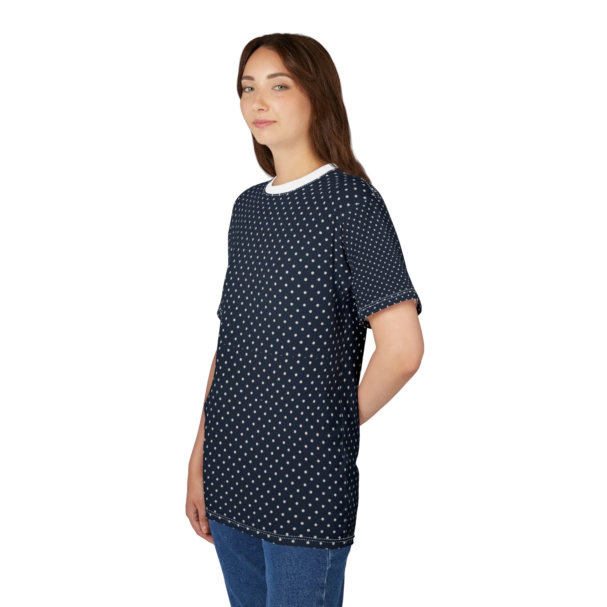 Navy Polka Dot Unisex Tee, Casual Wear, Everyday Clothing, Gift for Him/Her, Trendy Fashion, Summer Wardrobe Essential - Image 6