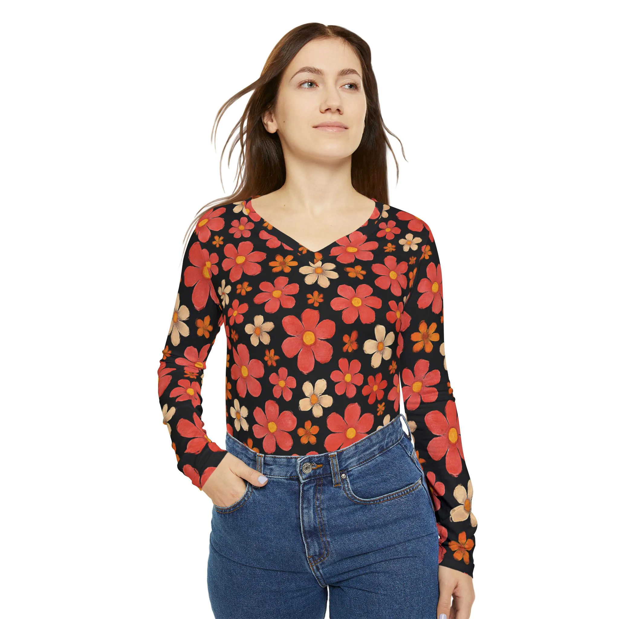 Bohemian Floral Long Sleeve V-Neck Shirt, Cozy Fall Fashion, Stylish Everyday Wear, Unique Gift for Her, Perfect for Casual Outings - Image 6