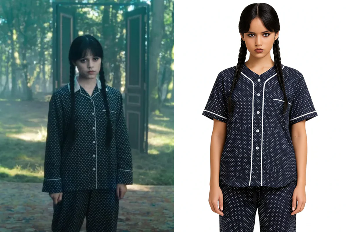 Jenna Ortega Wednesday Season 2 White Polka Dots Black Pajamas Set