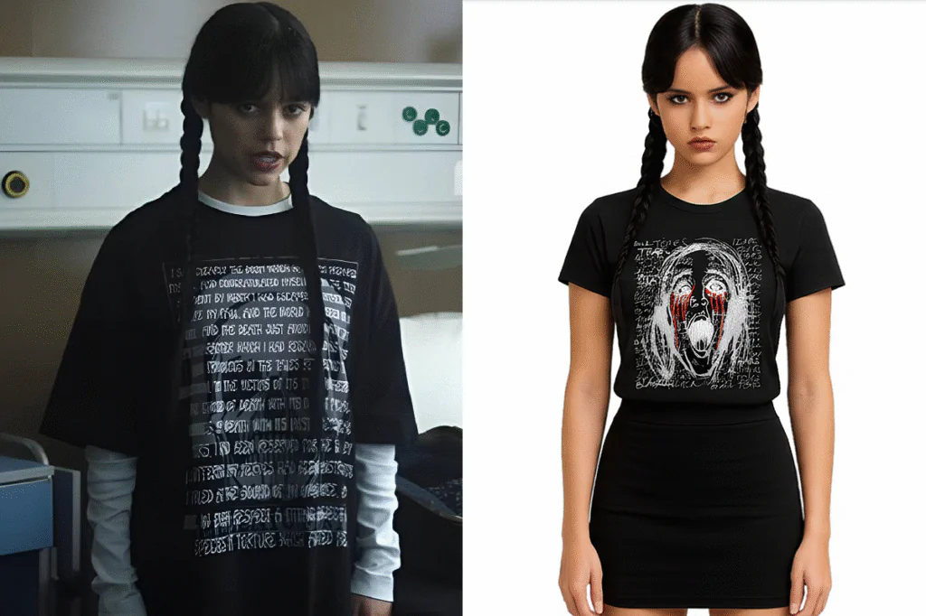 Wednesday Jenna Ortega Black Tee Poe The Pit and the Pendulum Skull T-Shirt and stylish TV-inspired casual fashion